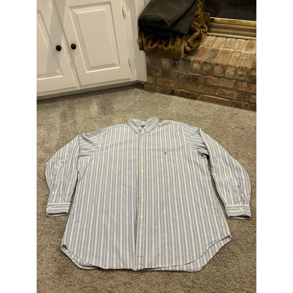 Polo Ralph Lauren Shirt Mens 2XLT Pink Blue Striped Classic Fit Cotton Pony